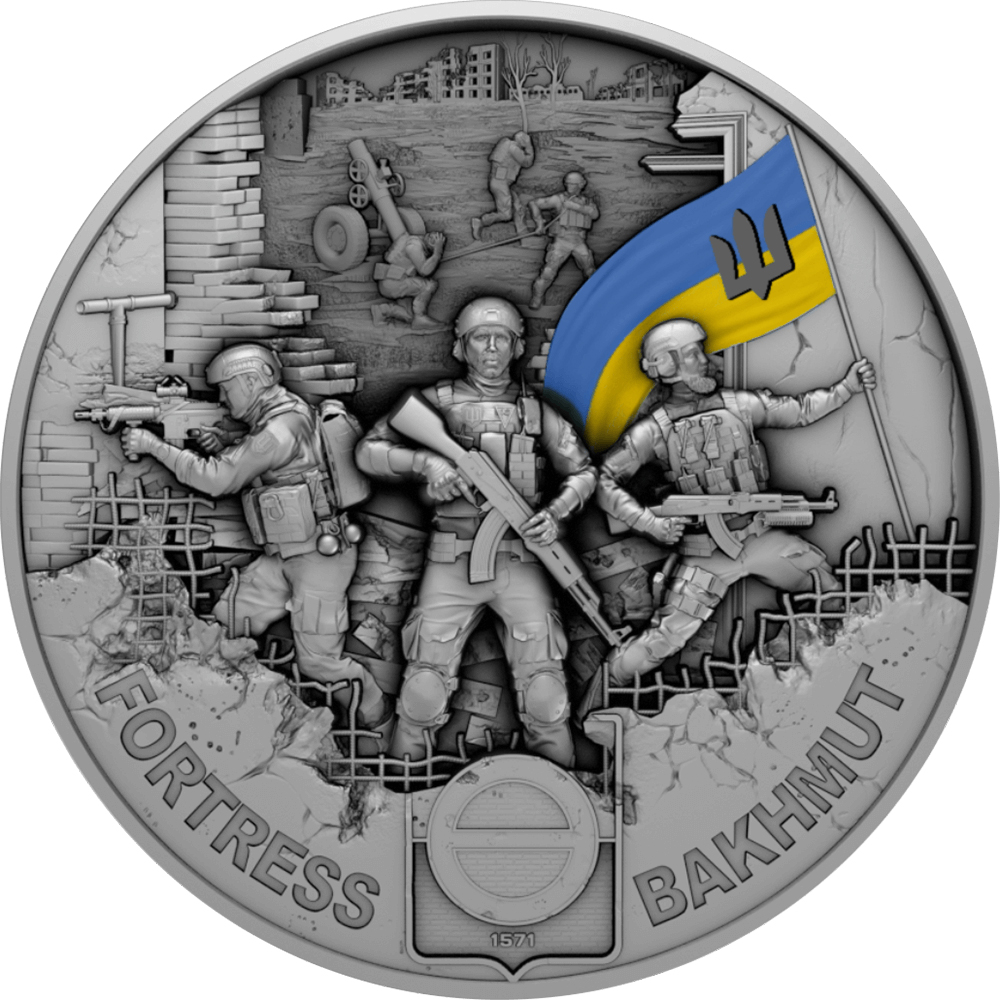 Серебряная монета 2oz Крепость Бахмут 10 седи 2023 Гана (цветная, antique) (31564106) 0