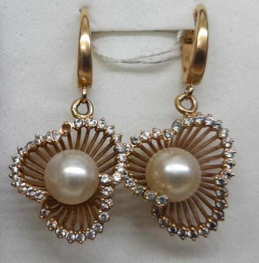 Сережки з червоного золота з перлами та цирконієм (30835386) 0