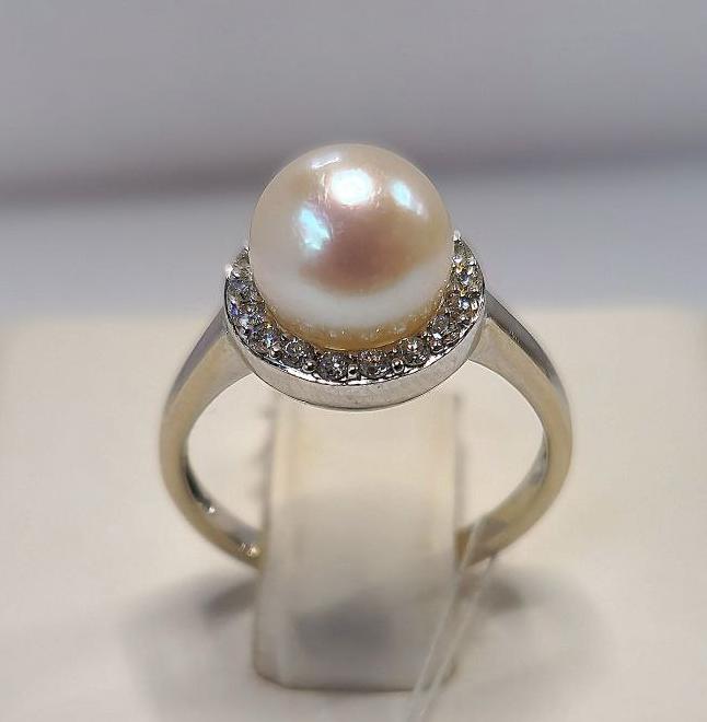 Кольцо из белого золота с жемчугом и бриллиантом (-ми) (32474326)  0
