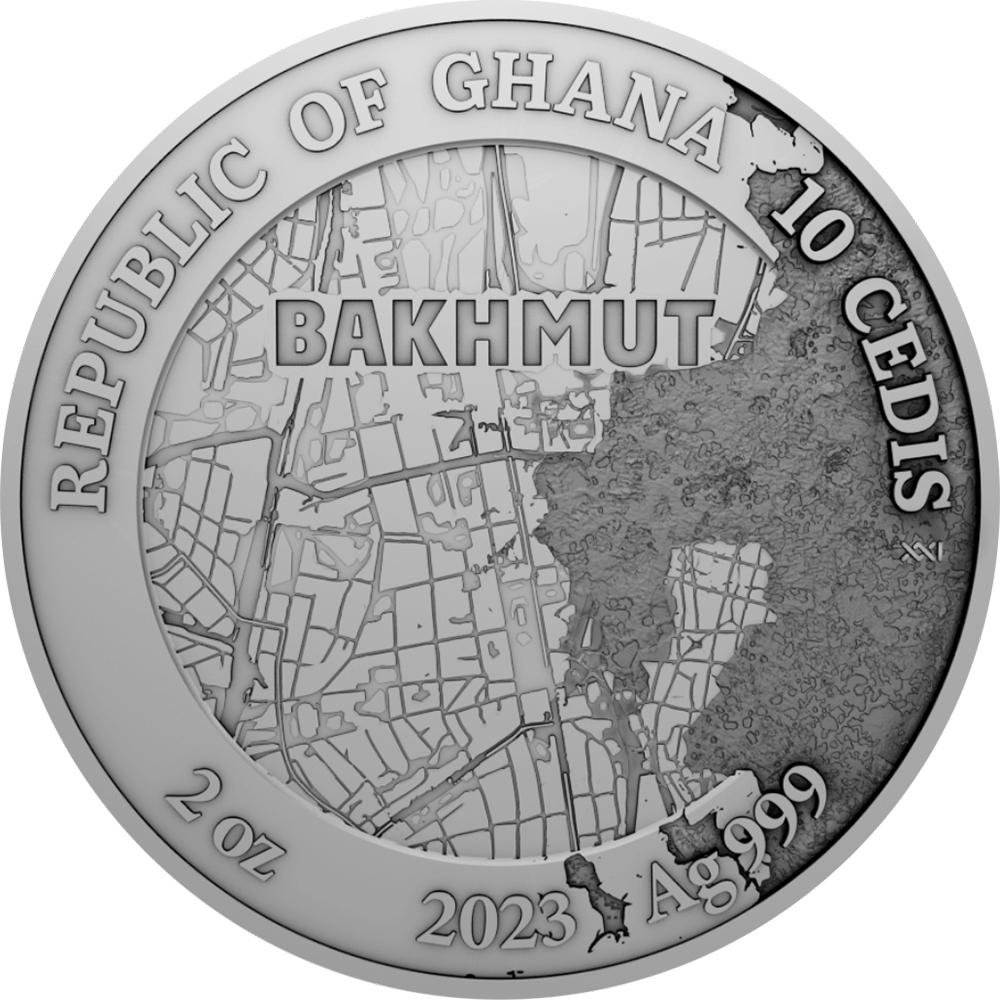 Срібна монета 2oz Фортеця Бахмут 10 седі 2023 Гана (кольорова, antique) (31564106) 1