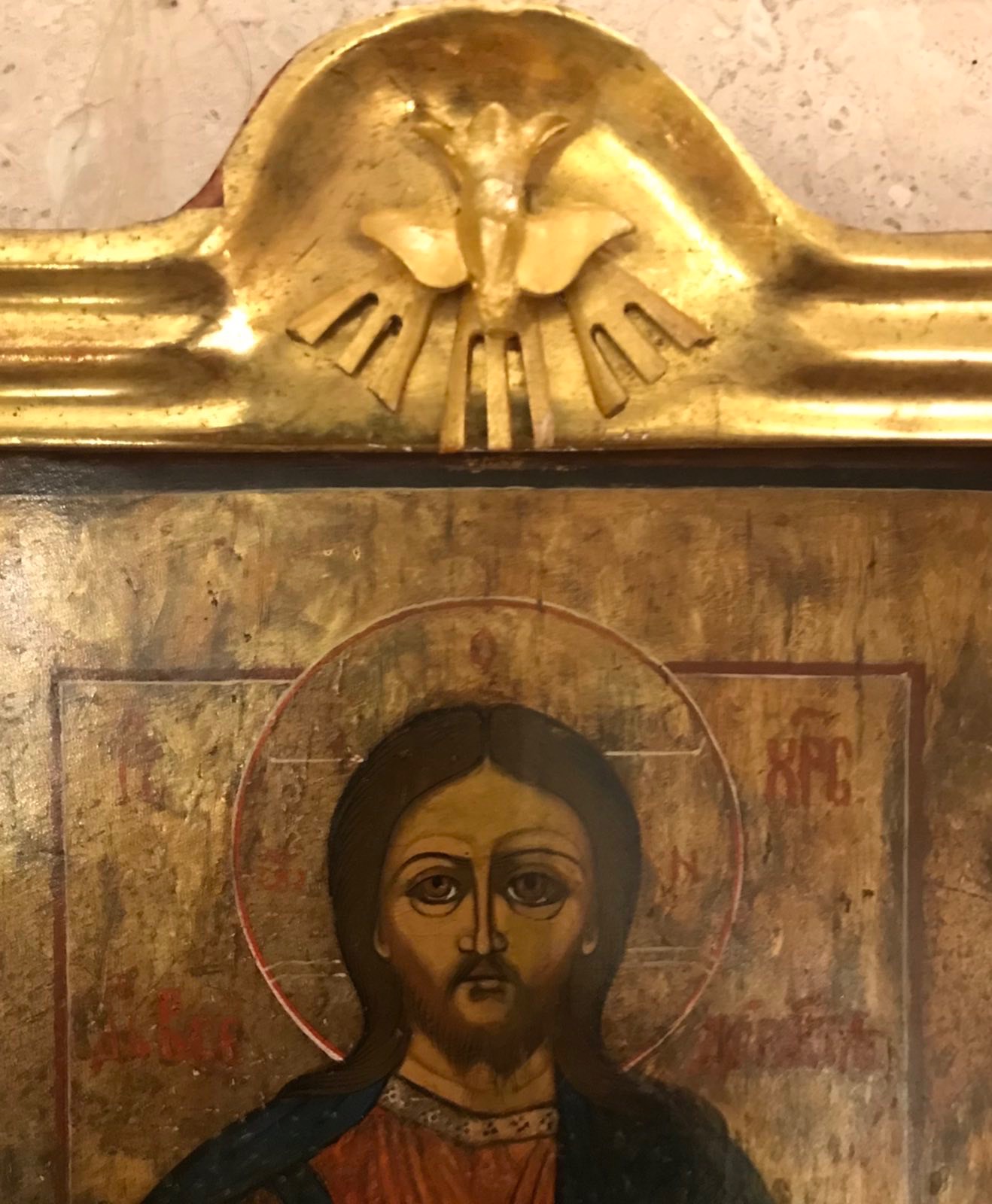 Икона «Иисус Вседержитель» (позолота, киот) нач. XIX века. (31292723) 4