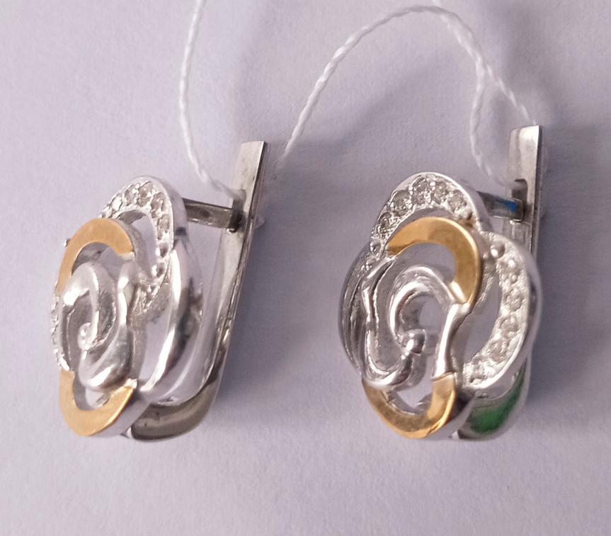 Срібні сережки із золотою вставкою та цирконієм (30190089) 1