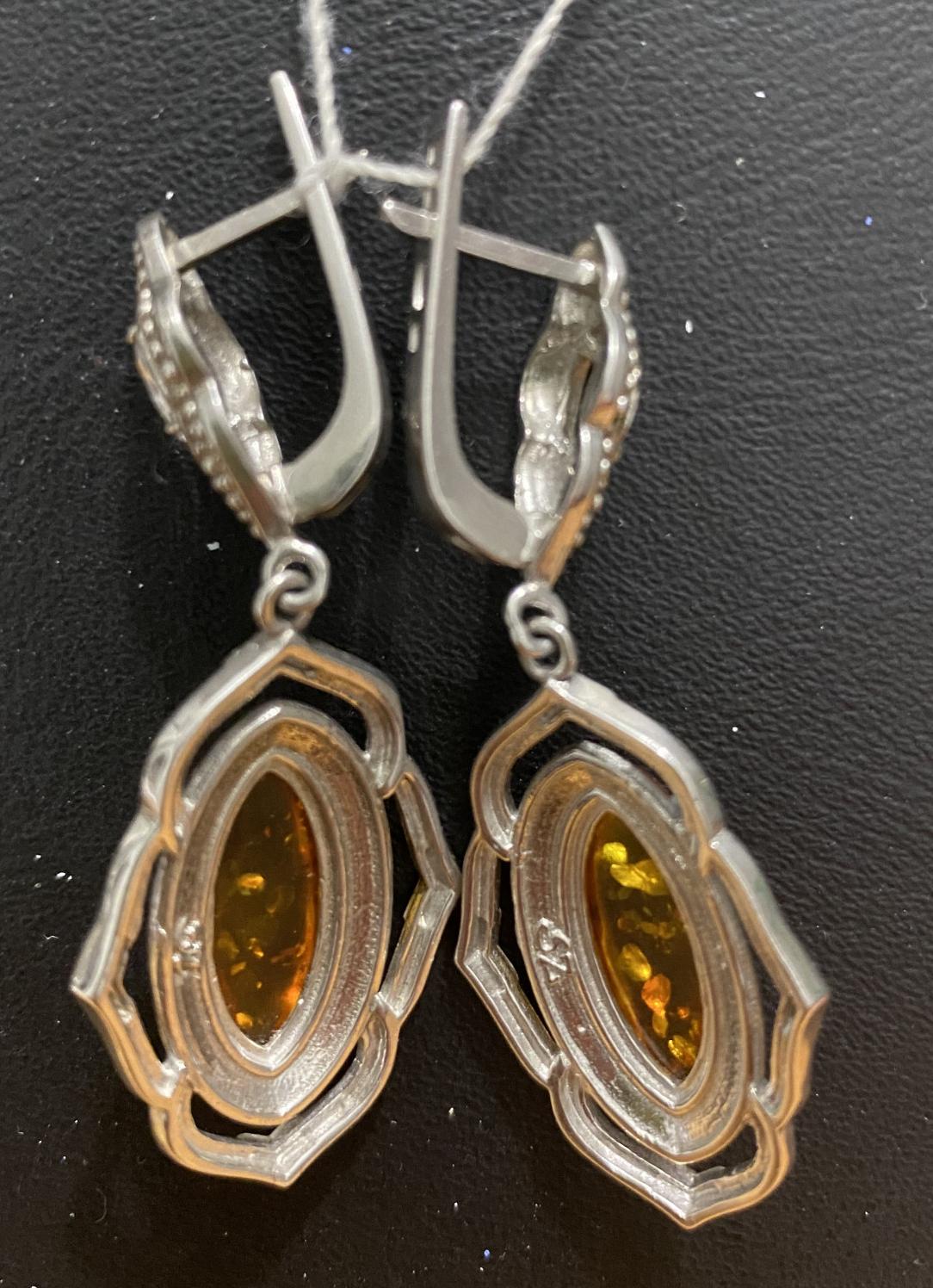 Срібні сережки з позолотою та бурштином з цирконієм (32445090) 2