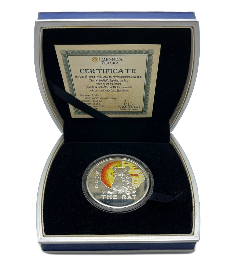 Срібна монета Рік Миші (Щура) 2008 1 долар 2007 Ніуе (кольорова) (31781314) 5