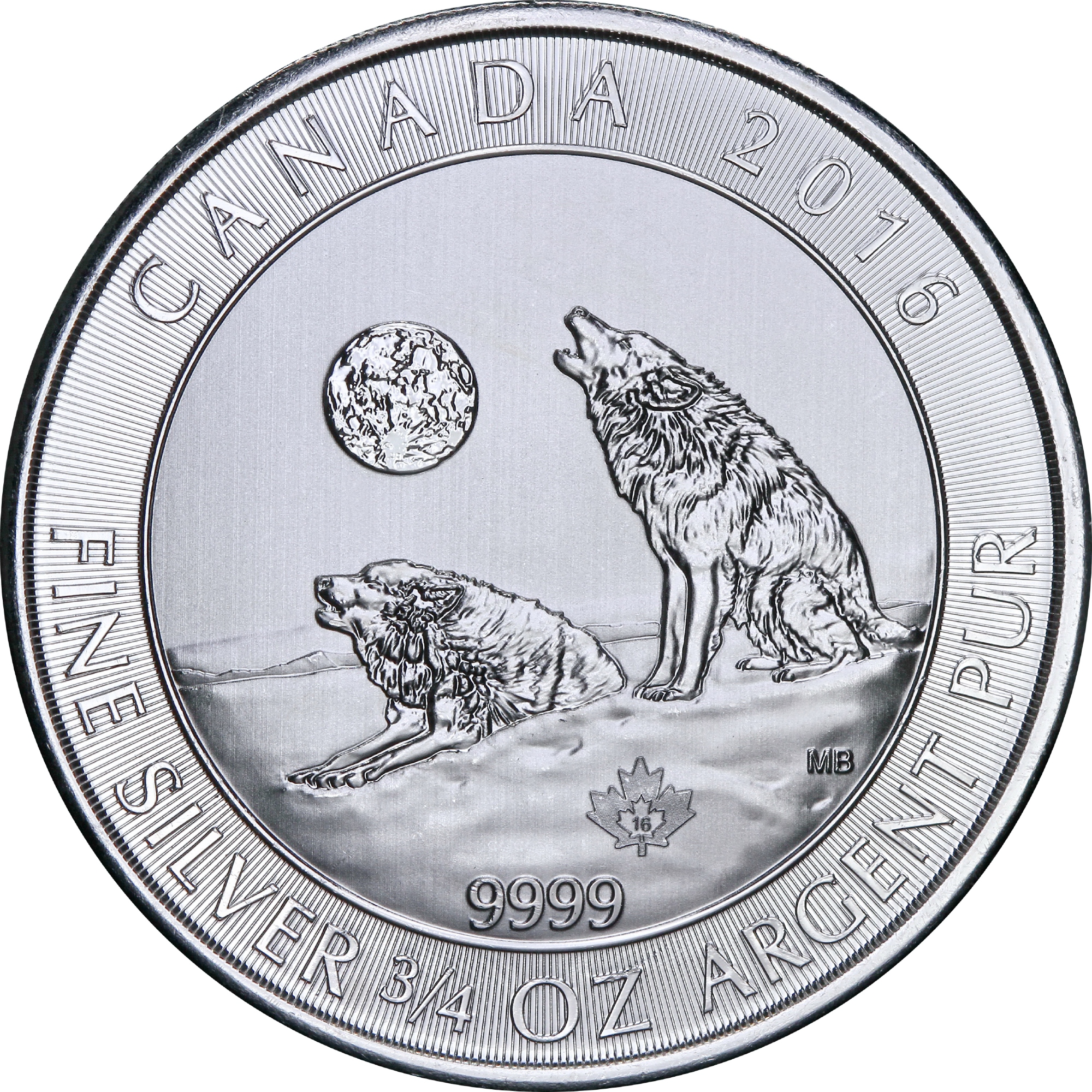 Серебряная монета 3/4oz Воющие Волки 2 доллара 2016 Канада (29128179) 0