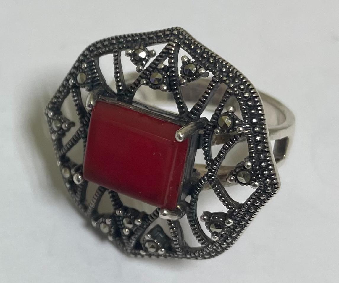 Серебряное кольцо с сардониксом и цирконием (33339167) 6
