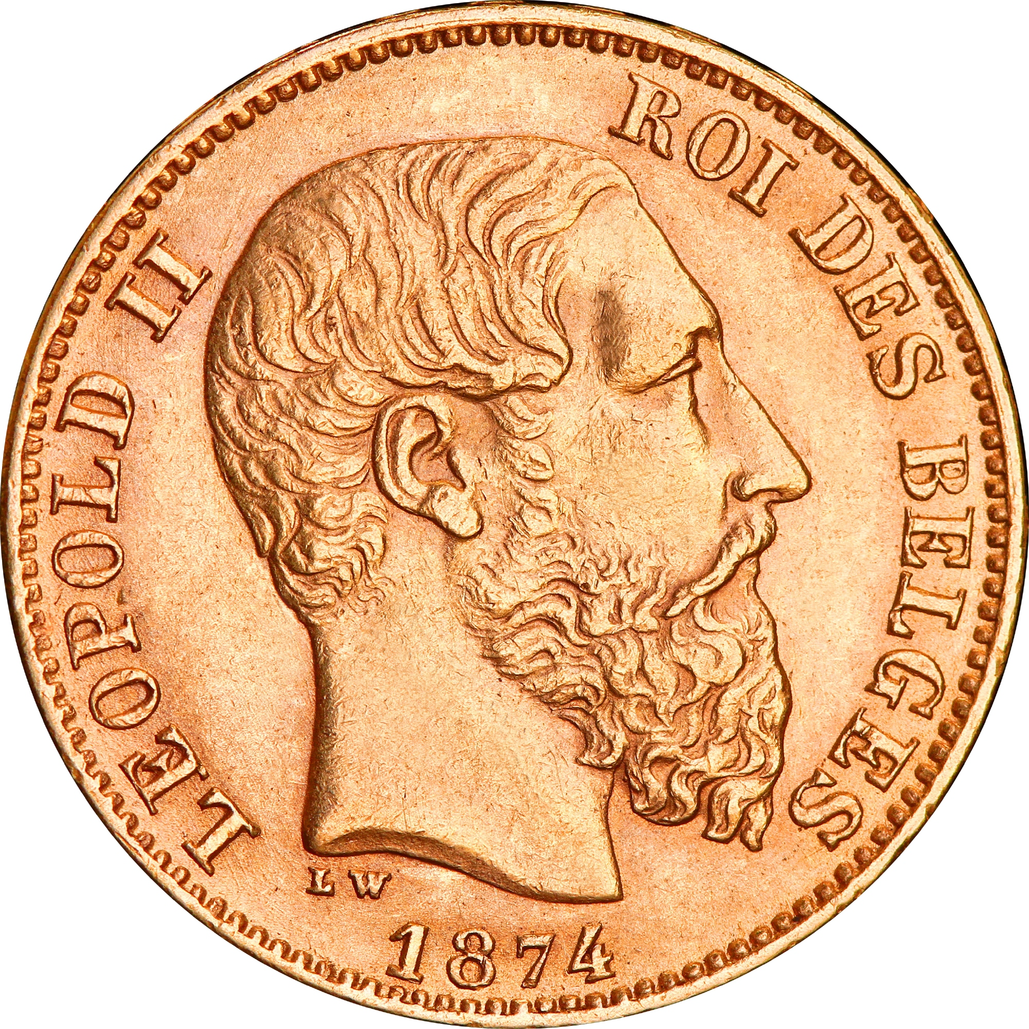 Золотая монета 20 франков 1874 Бельгия (33674796) 0