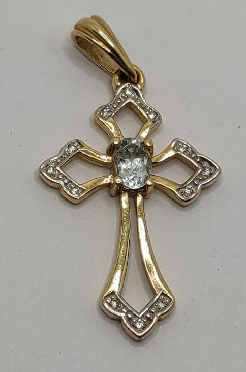 Підвіс-хрест із жовтого та білого золота з аквамарином і діамантом (-ми) (32715472) 0