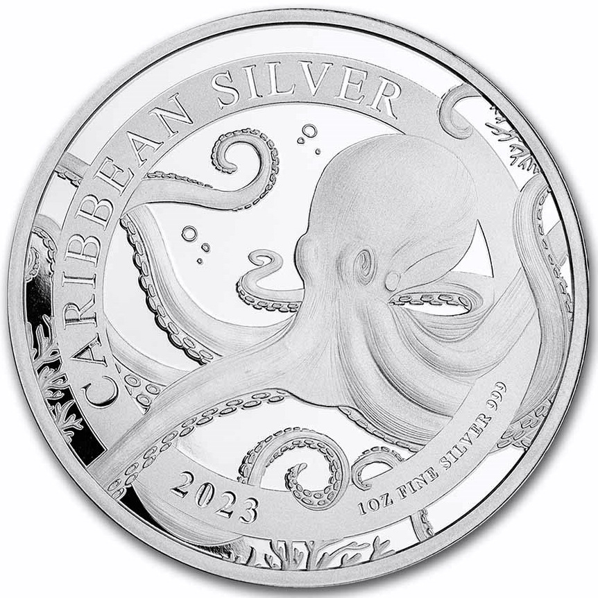 Серебряная монета 1oz Карибский Осьминог 1 доллар 2023 Барбадос (32567144) 0