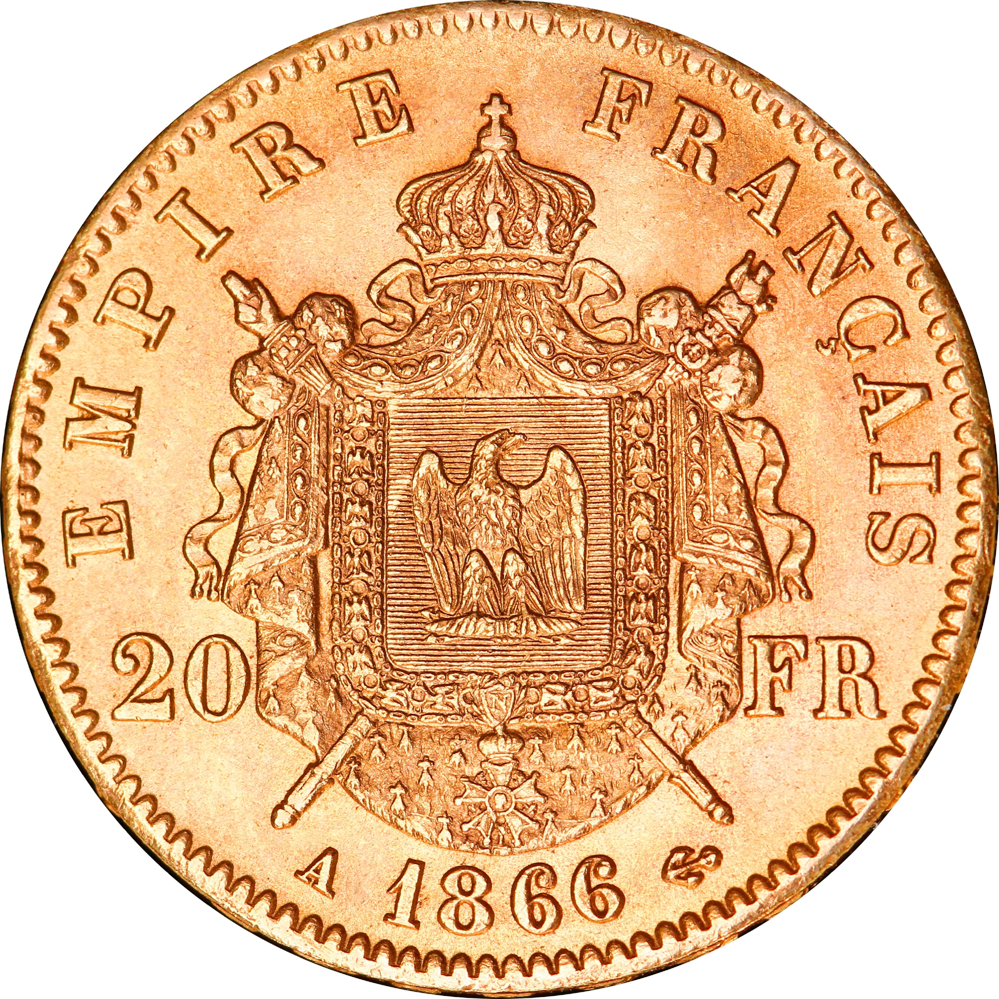 Золотая монета Наполеон III 20 франков 1866 Франция (33674799) 1
