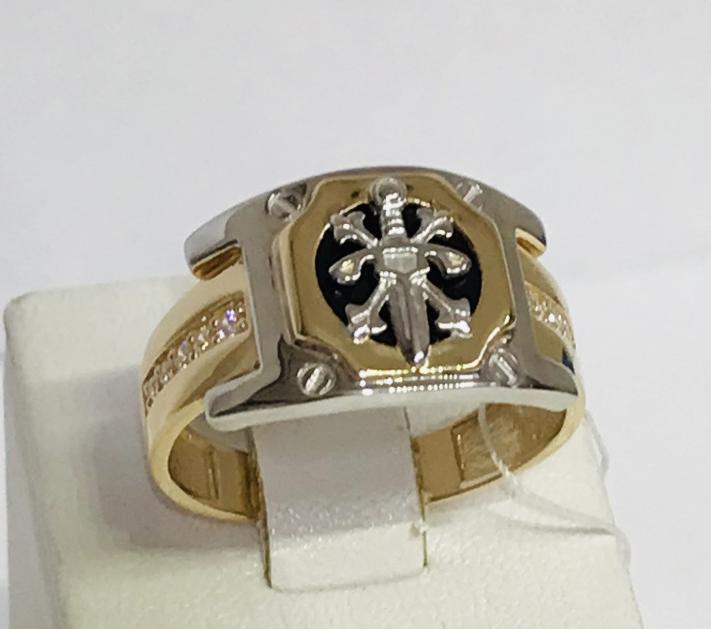 Перстень из красного и белого золота с ониксом и цирконием (30441573) 1