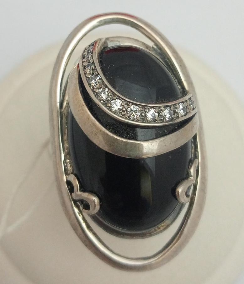 Серебряное кольцо с обсидианом и цирконием (33589561) 0