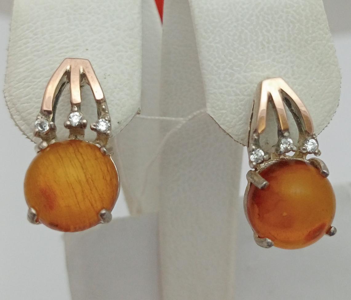 Срібні сережки з позолотою, бурштином і цирконієм (33589383) 0