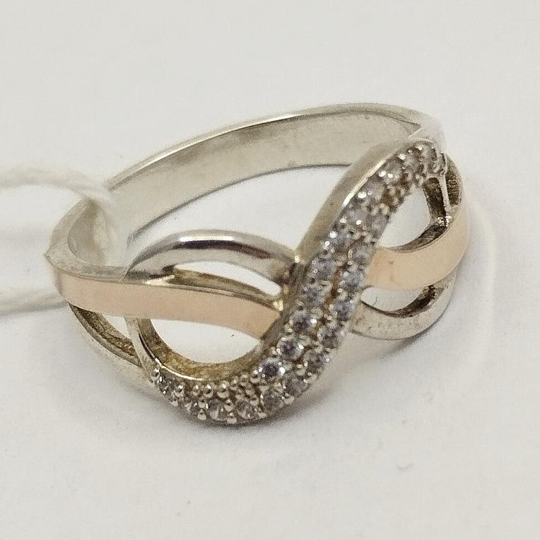 Серебряное кольцо с золотой вставкой и цирконием (33298522) 0