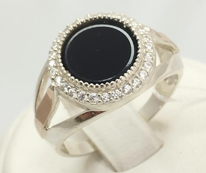Серебряное кольцо с золотой вставкой, ониксом и цирконием (32687358) 0