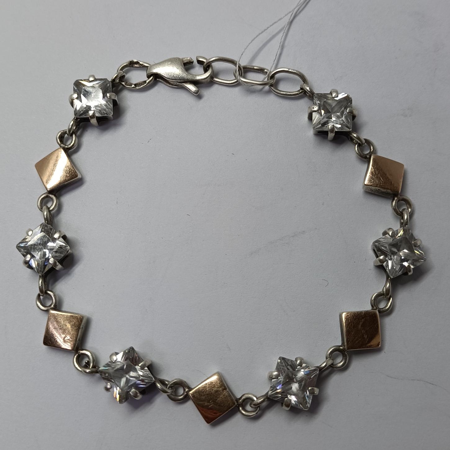 Срібний браслет із золотою вставкою та цирконієм (33902946) 0