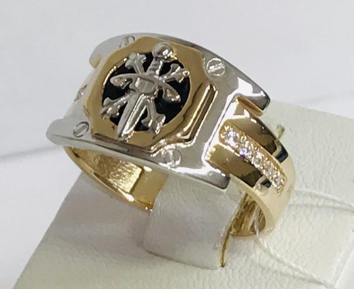 Перстень из красного и белого золота с ониксом и цирконием (30441573) 0