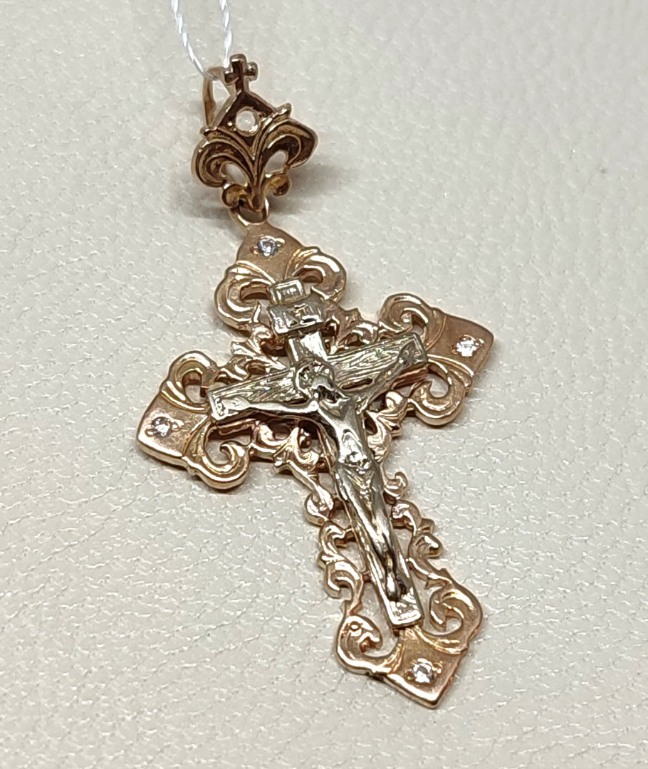 Підвіс-хрест із червоного та білого золота з цирконієм (33665955) 0
