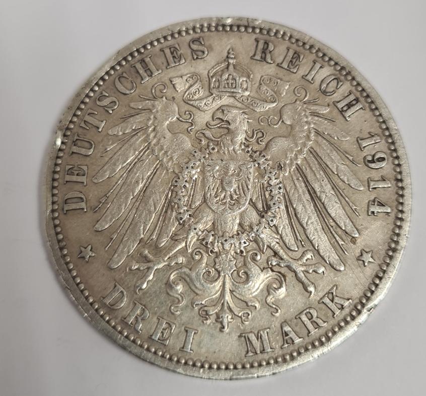 Срібна монета 3 марки 1914 року Німецька імперія (33612511) 1