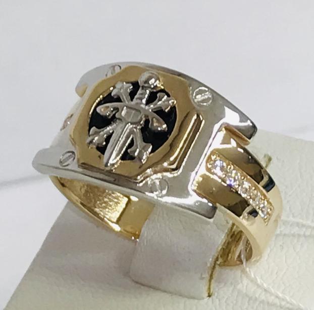 Перстень из красного и белого золота с ониксом и цирконием (30441769) 0