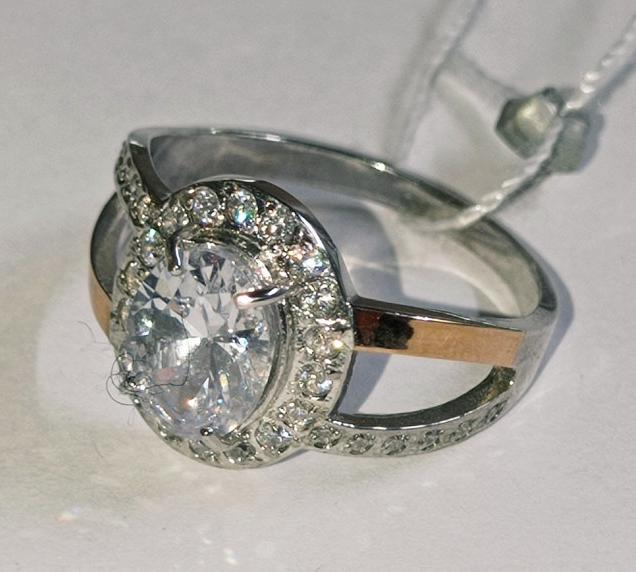 Серебряное кольцо с золотой вставкой и цирконием (25316950) 1
