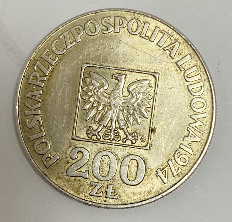 Серебряная монета 200 злотых 1974 Польша (33109424)  0