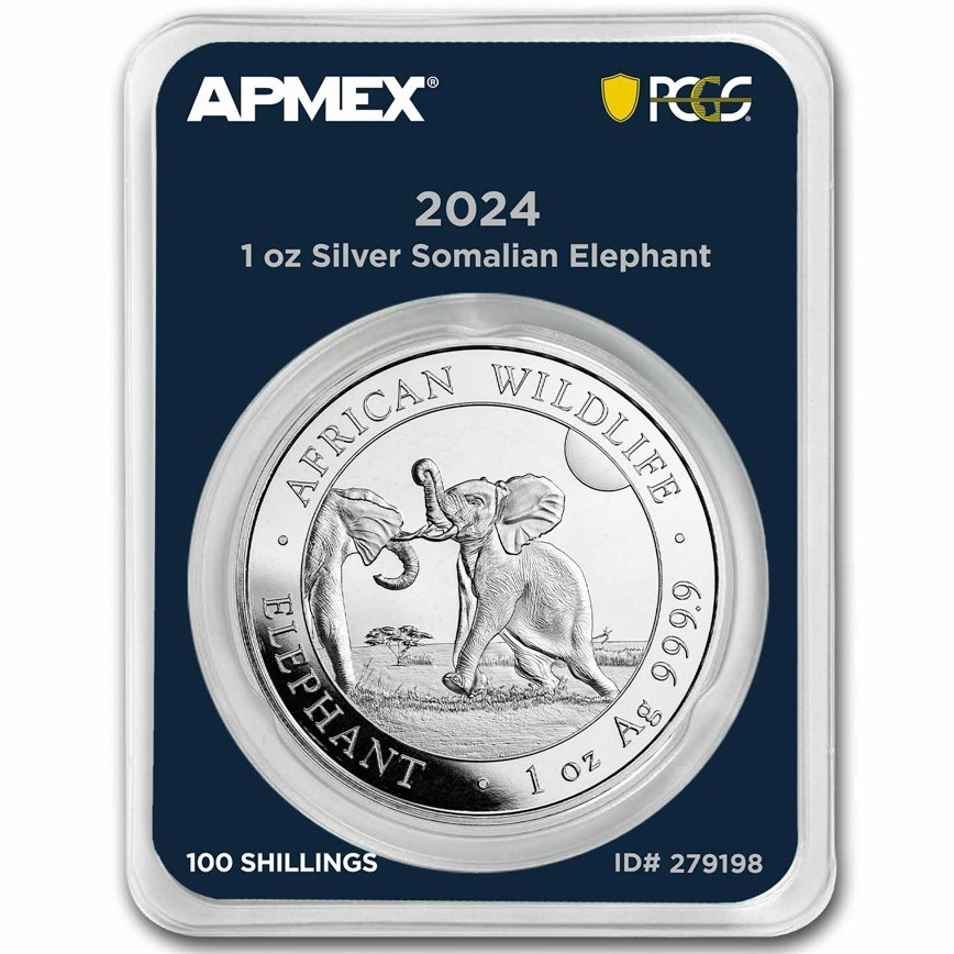 Серебряная монета 1oz Слон 100 шиллингов 2024 Сомали (MD Premier + PCGS FirstStrike®) (33214277) 0