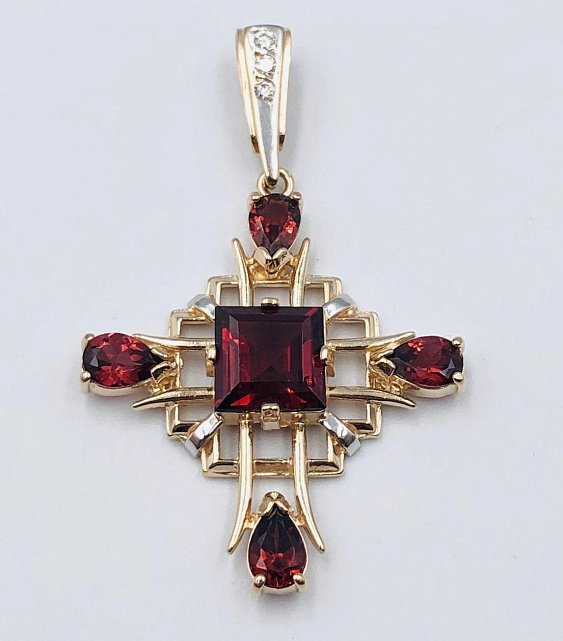 Подвес-крест из красного и белого золота с гранатом и бриллиантом (-ми) (33793122) 0