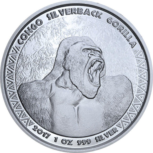 Серебряная монета 1oz Сильвербэк Горилла 5000 франков КФА 2017 Конго (29127401) 0
