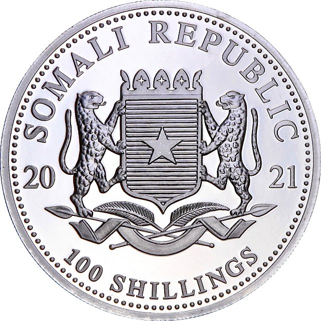 Серебряная монета 1oz Слон 100 шиллингов 2021 Сомали (32952658) 1