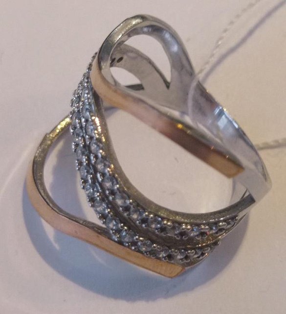 Серебряное кольцо с золотой вставкой и цирконием (33597713) 1