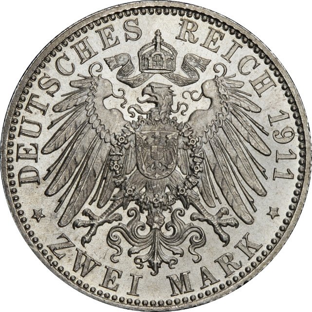 Серебряная монета 90 лет со дня рождения Луитпольда Баварского 2 марки 1911 Бавария Германская империя (29128269) 1