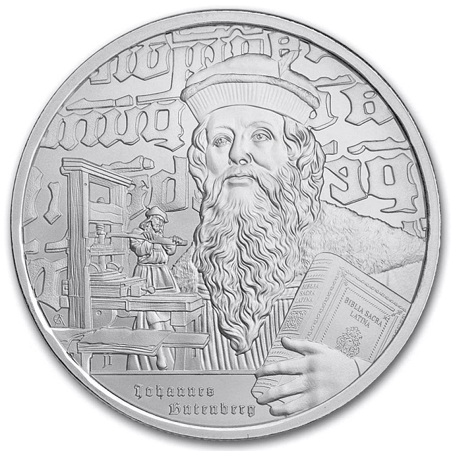 Срібна монета 1oz Ікони Інновацій: Йоханнес Гутенберг 2 долари 2024 Ніуе (33009462) 0