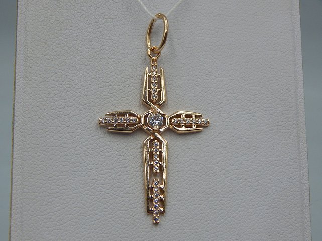Підвіс-хрест з червоного золота з цирконієм (33930195) 1