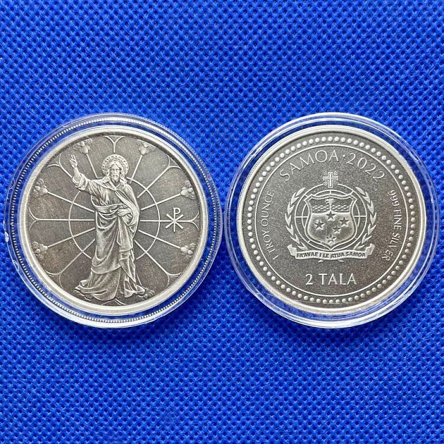 Серебряная монета 1oz Свет Христа 2 тала 2022 Самоа (Antique) (29360750) 3