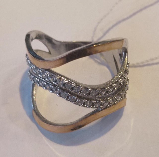 Серебряное кольцо с золотой вставкой и цирконием (33597713) 2