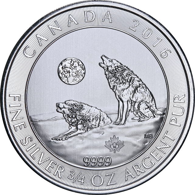 Серебряная монета 3/4oz Воющие Волки 2 доллара 2016 Канада (29128179) 0