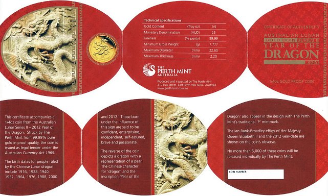 Золотая монета 1/4oz Год Дракона 25 долларов 2012 Австралия (31564128) 4