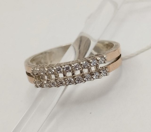 Серебряное кольцо с золотыми пластинами и цирконием (33409368) 0