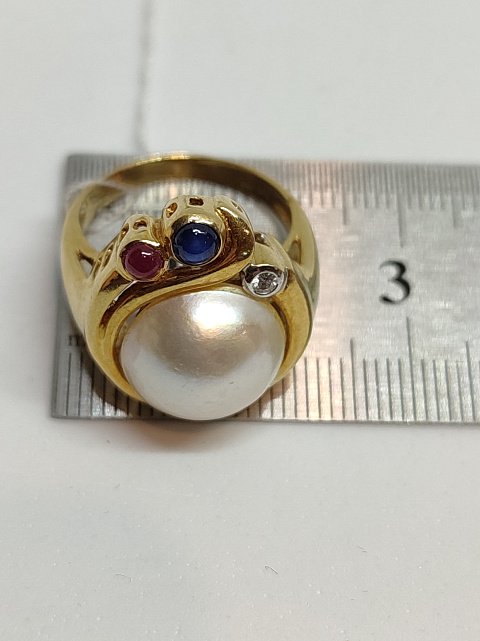 Каблучка з жовтого золота із сапфіром, перлами та діамантом (-ми) (27417678) 3