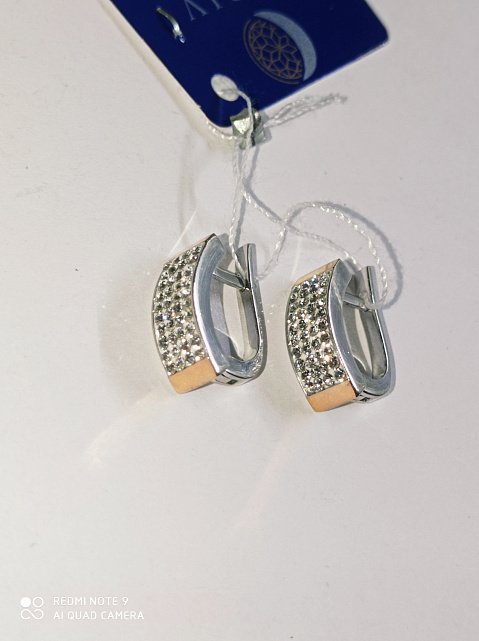 Серебряные серьги с золотой вставкой и цирконием (15789545) 1