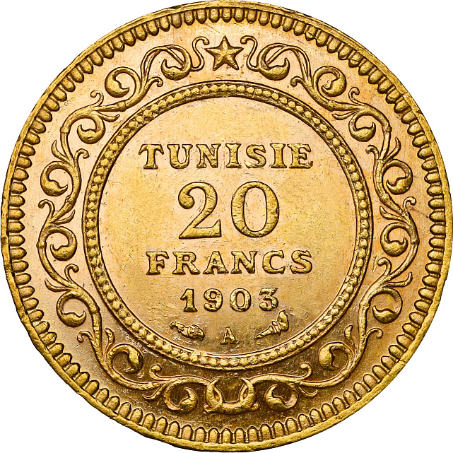 Золотая монета 20 франков 1903 года Тунис (33009473) 0