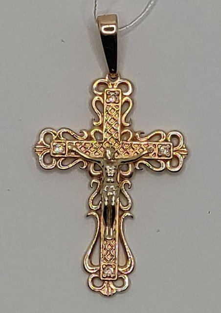 Подвес-крест из красного и белого золота с цирконием (32416236)  0