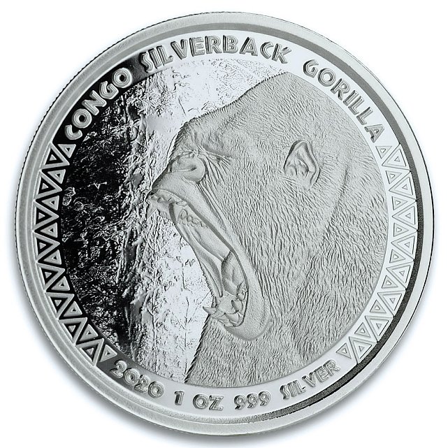 Серебряная монета 1oz Сильвербэк Горилла 5000 франков КФА 2020 Конго (29127434) 0