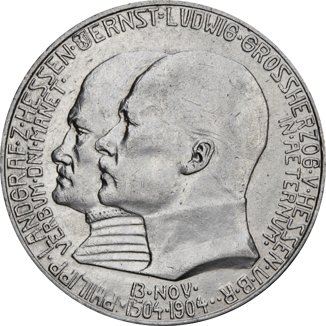 Серебряная монета 400 лет с рождения Филиппа 2 марки 1904 Гессен Германская империя (29127697) 0