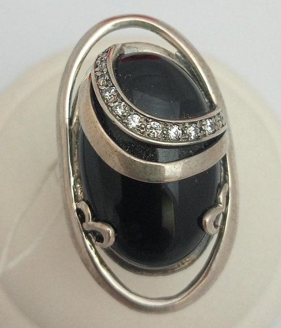 Серебряное кольцо с обсидианом и цирконием (33589561) 0