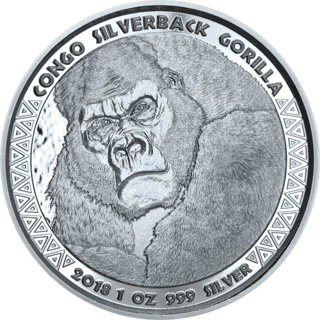 Серебряная монета 1oz Сильвербэк Горилла 5000 франков КФА 2018 Конго (29127395) 0