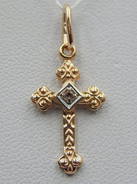 Подвес-крест из красного и белого золота с цирконием (33014375)  0