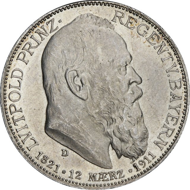 Серебряная монета 90 лет со дня рождения Луитпольда Баварского 2 марки 1911 Бавария Германская империя (29128269) 4