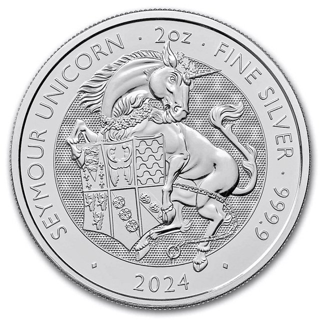 Серебряная монета 2oz Единорог Сеймура «Королевские Звери Тюдоров» 5 фунтов 2024 Великобритания (33075209) 0